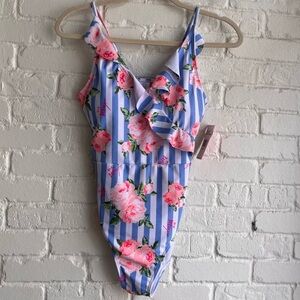 Betsey Johnson Pink Floral Striped One Piece Swimsuit